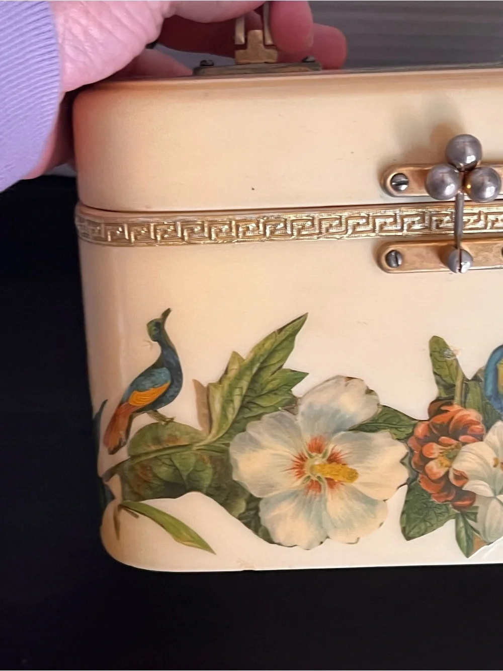 Vintage Cream Floral Vanity Bag with Gold Accents